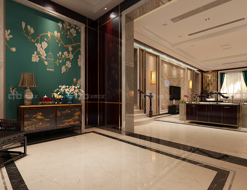 整木定制花鳥古韻新中式風(fēng)格，別墅全屋效果圖(圖1)