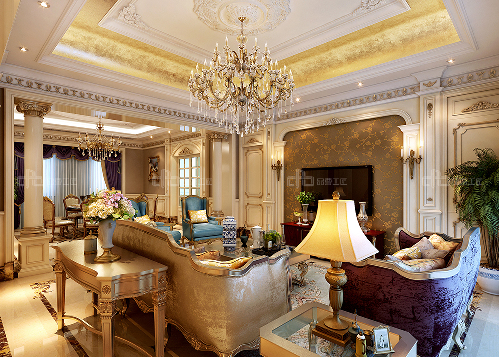整木定制法式風(fēng)格，金色別墅裝修案例效果圖(圖4)